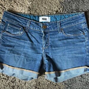 PAIGE Medium Blue Roll-Cuff Denim Shorts